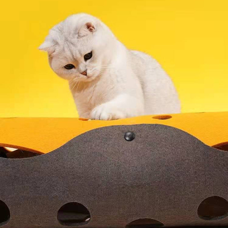 DIY Felt Cat Tunnel - Foldable Egg Roll-Shaped Pet Toy with Multiple Holes(Brown+Yellow)