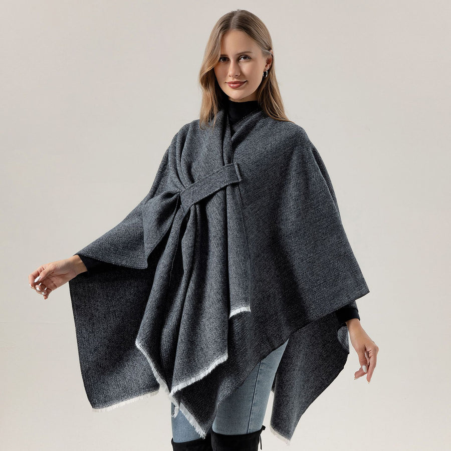 Solid Knit Poncho Shawl,Warm Fall/Winter Cape with Slit and Crossbar Design(Dark gray)