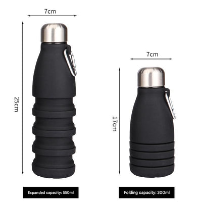 Black Collapsible Silicone Water Bottle - Portable Sports Hydration Flask with Carabiner, 550ml/300ml
