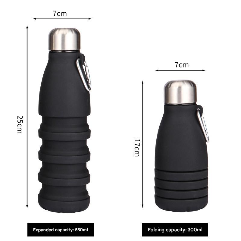 Black Collapsible Silicone Water Bottle - Portable Sports Hydration Flask with Carabiner, 550ml/300ml
