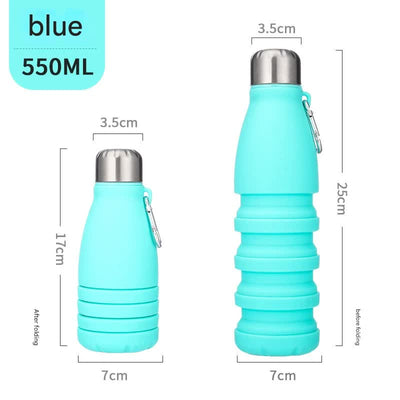 Blue Collapsible Silicone Water Bottle - Portable Sports Hydration Flask with Carabiner, 550ml/300ml
