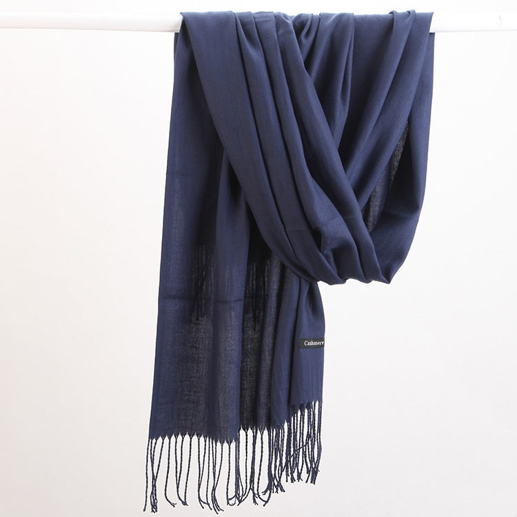 2pc Luxe Soft Imitation Cashmere Scarf - Warm Solid Tone Shawl with Elegant Fringe(Navy blue)