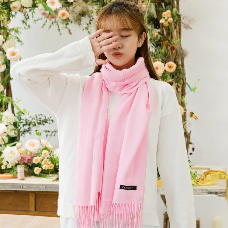 2pc Luxe Soft Imitation Cashmere Scarf - Warm Solid Tone Shawl with Elegant Fringe(Pure black)