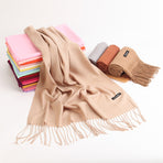 2pc Luxe Soft Imitation Cashmere Scarf - Warm Solid Tone Shawl with Elegant Fringe(Pure black)