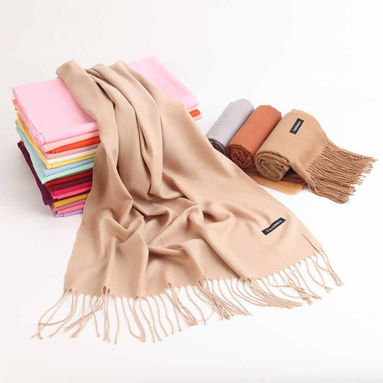 2pc Luxe Soft Imitation Cashmere Scarf - Warm Solid Tone Shawl with Elegant Fringe(Pure black)