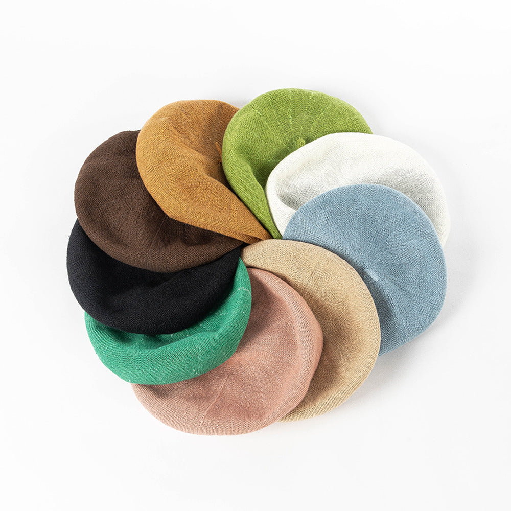 Olive green Linen Knit Beret - Classic Soft and Stylish Headwear