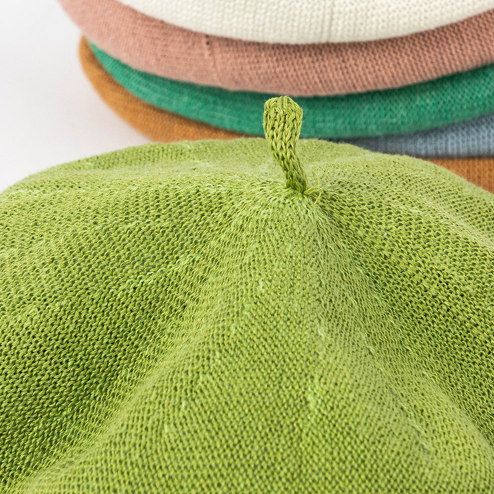 Olive green Linen Knit Beret - Classic Soft and Stylish Headwear
