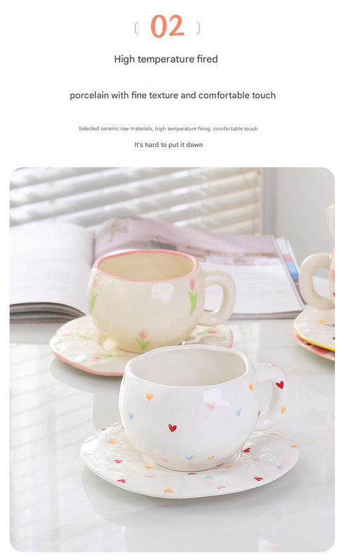 Hand-Painted Ceramic Coffee Cup and Saucer Set - Vintage Afternoon Tea(Red small floral branches)