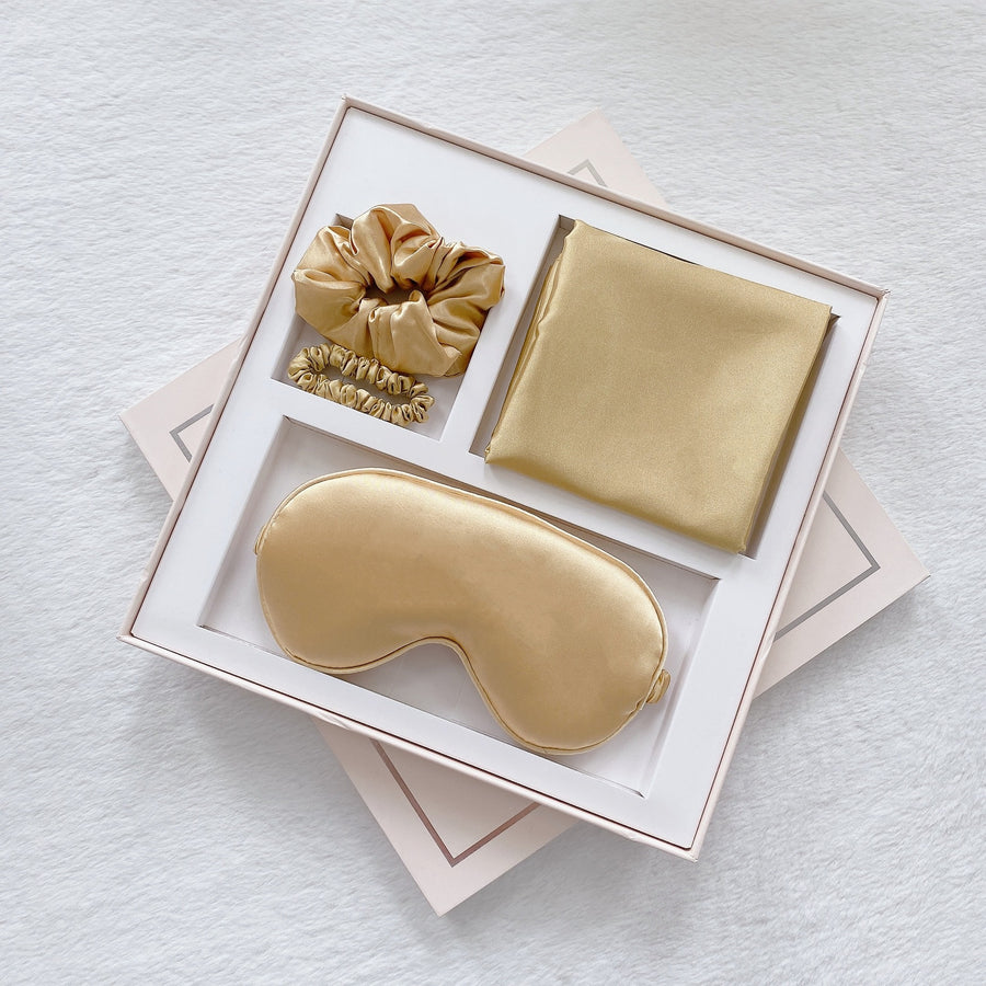 Luxury Satin Sleep Mask Gift Set,4-Piece with Pillowcase and Hair Accessories(Gold)
