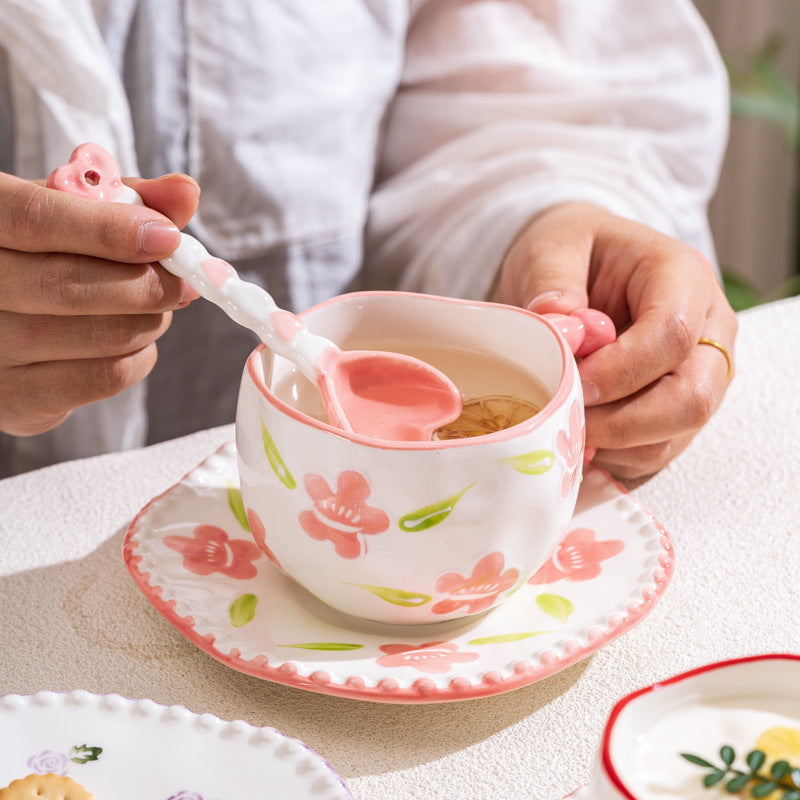 Hand-Painted Ceramic Coffee Mug and Saucer Set - Whimsical Afternoon Tea Cup with Spoon(White cloud-yellow)