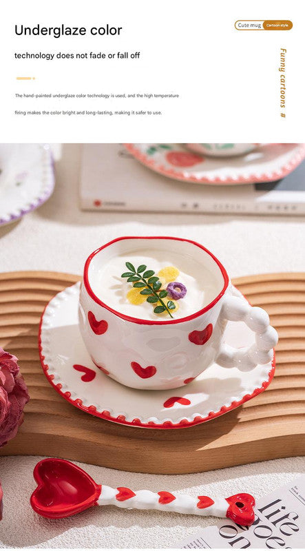 Hand-Painted Ceramic Coffee Mug and Saucer Set - Whimsical Afternoon Tea Cup with Spoon(White cloud-pink)