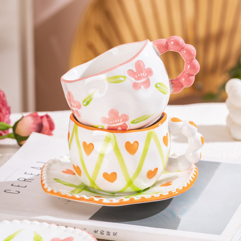 Hand-Painted Ceramic Coffee Mug and Saucer Set - Whimsical Afternoon Tea Cup with Spoon(Red rose)