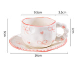 Hand-Painted Ceramic Coffee Mug and Saucer Set - Whimsical Afternoon Tea Cup with Spoon(Pink-edged bow)