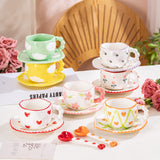 Hand-Painted Ceramic Coffee Mug and Saucer Set - Whimsical Afternoon Tea Cup with Spoon(Black-edged bow) - Side View