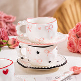 Hand-Painted Ceramic Coffee Mug and Saucer Set - Whimsical Afternoon Tea Cup with Spoon(Smiley pink flower) - Top-Down View