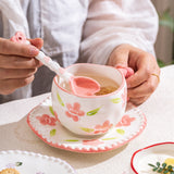 Hand-Painted Ceramic Coffee Mug and Saucer Set - Whimsical Afternoon Tea Cup with Spoon(Smiley pink flower)
