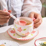 Hand-Painted Ceramic Coffee Mug and Saucer Set - Whimsical Afternoon Tea Cup with Spoon(Smiley pink flower)