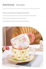 Hand-Painted Ceramic Coffee Mug and Saucer Set - Whimsical Afternoon Tea Cup with Spoon(Smiley pink flower) - Rear View