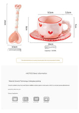 Hand-Painted Ceramic Coffee Mug and Saucer Set - Whimsical Afternoon Tea Cup with Spoon(Smiley pink flower) - Close-Up Angle