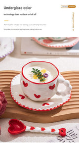 Hand-Painted Ceramic Coffee Mug and Saucer Set - Whimsical Afternoon Tea Cup with Spoon(Smiley pink flower)