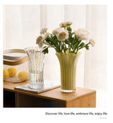 Nordic-Style Glass Vase - Elegant Fluted Flower Vase for Home Decor(Pink) - Low Angle