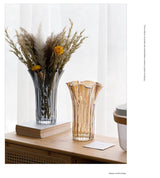 Nordic-Style Glass Vase - Elegant Fluted Flower Vase for Home Decor(Yellow) - 45-Degree Angle