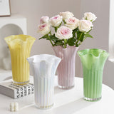 Nordic-Style Glass Vase - Elegant Fluted Flower Vase for Home Decor(Green) - Front View