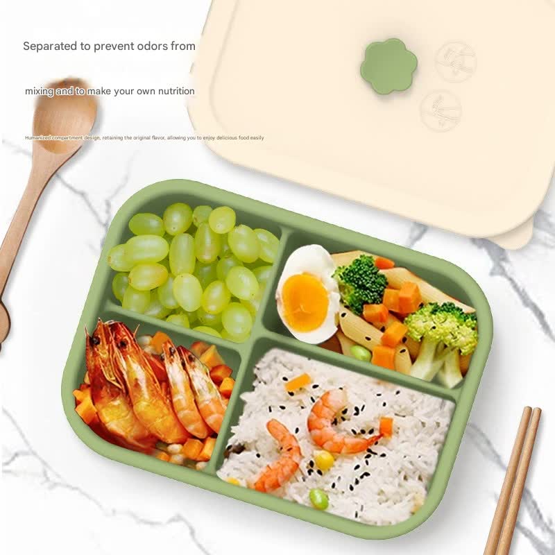 Gray Microwave-Safe Silicone Lunch Box with 4 Compartments - Airtight Bento Box for Work and Travel