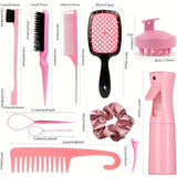 Complete Hair Styling Kit with Detangling Brushes, Combs, Spray Bottle, and Accessories(pink) - Side View