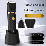 3-in-1 Men's Electric Body Groomer & Hair Clipper Kit - Waterproof, USB-C Rechargeable with Charging Dock(black) - Front View