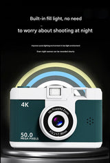 Compact 4K Digital Camera - 50MP, 16x Zoom, 2.4-inch IPS Screen, WiFi & Fill Light - Retro CCD Style(Yellow)
