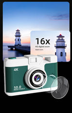 Compact 4K Digital Camera - 50MP, 16x Zoom, 2.4-inch IPS Screen, WiFi & Fill Light - Retro CCD Style(Yellow)