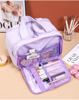 Portable Multi-Compartment Travel Toiletry & Makeup Organizer Bag with Brush Holders(Black) - Top-Down View
