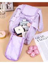 Portable Multi-Compartment Travel Toiletry & Makeup Organizer Bag with Brush Holders(Light purple) - Side View
