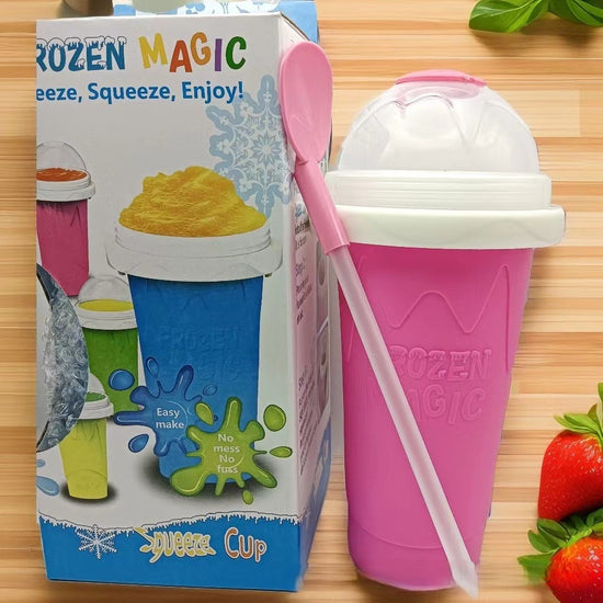 DIY Frozen Magic Slushy Maker Cup - Quick Squeeze Smoothie Cup with Lid & Straw/Spoon(Rose Red)