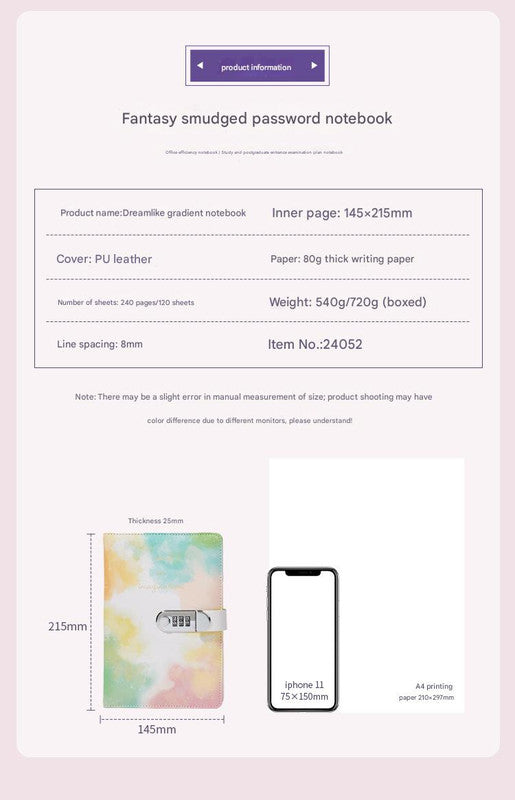 Light blue A5 tie-dye journal with combination lock, soft touch cover, what an imagination cover phrase