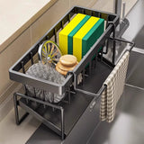 Kitchen Sink Caddy Organizer with Towel Bar & Drain Tray - Durable Metal Sponge Holder(grey) - Front View