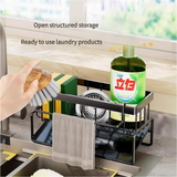 Kitchen Sink Caddy Organizer with Towel Bar & Drain Tray - Durable Metal Sponge Holder(grey) - Top-Down View