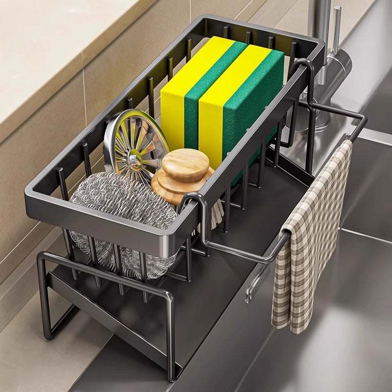 Black metal kitchen sink caddy with towel bar and drain tray, towel bar for dishcloths