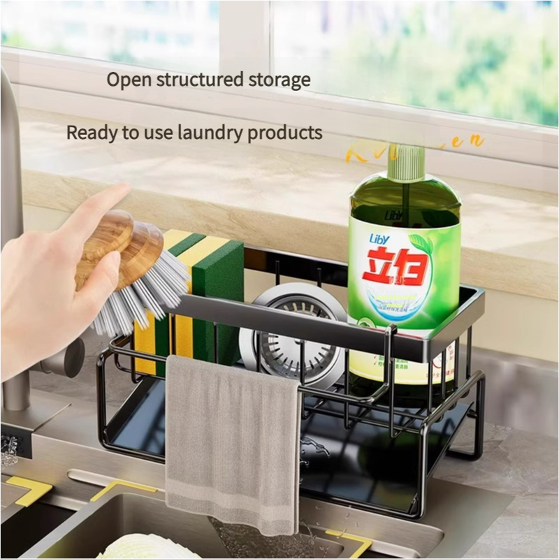 Black metal kitchen sink caddy with towel bar and drain tray, open structure sponge holder
