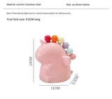 Adorable Unicorn Ceramic Fruit Fork Holder Set - Includes Stainless Steel Forks with Ball Tops(green) - Top-Down View