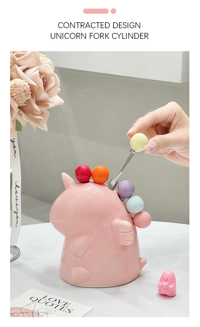 Adorable Unicorn Ceramic Fruit Fork Holder Set - Includes Stainless Steel Forks with Ball Tops(green)