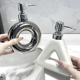 Modern Ceramic Soap & Lotion Dispenser - Unique Geometric Designs, 300ml Capacity(Triangular lotion bottle, milky white) - Front View