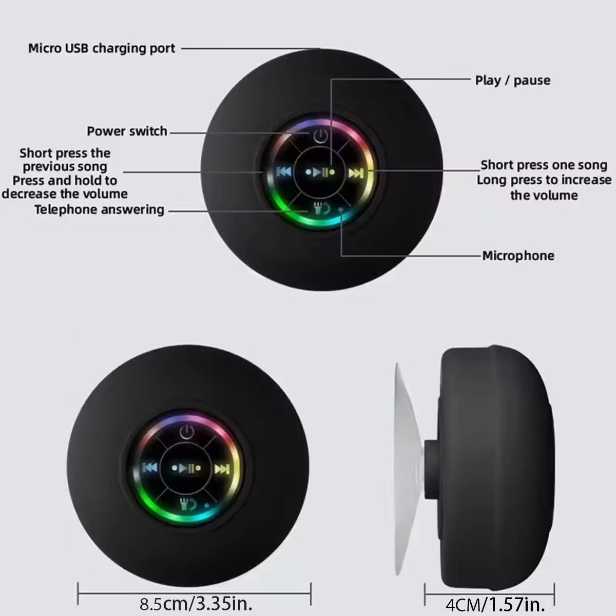 IPX4 Waterproof Bluetooth Shower Speaker with Suction Cup & LED Lights - Hands-Free Calling(green)
