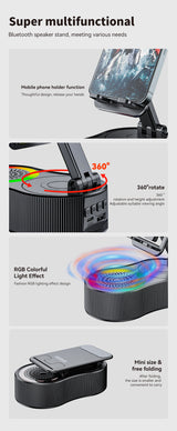 Foldable Bluetooth Speaker with 360 Rotating Phone/Tablet Stand & RGB Lights - HIFI Surround Sound(black) - Rear View