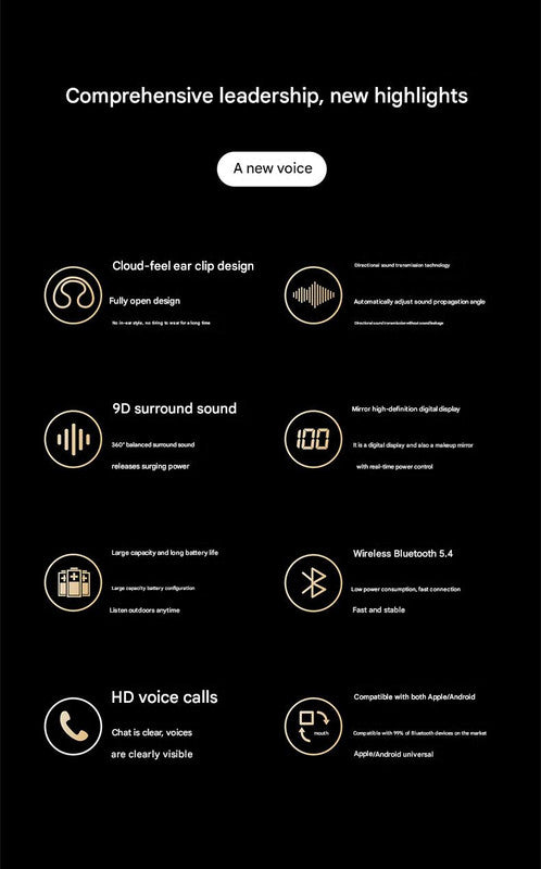 Open-Ear Conduction TWS Earbuds - Bluetooth 5.4, 9D Surround Sound, LED Display, Long Battery Life(black)