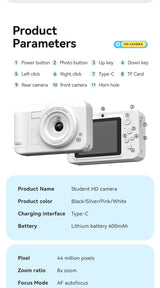 Student HD Digital Camera - 44MP, 8x Zoom, Autofocus, Dual Lens, Type-C Charging (Pink)