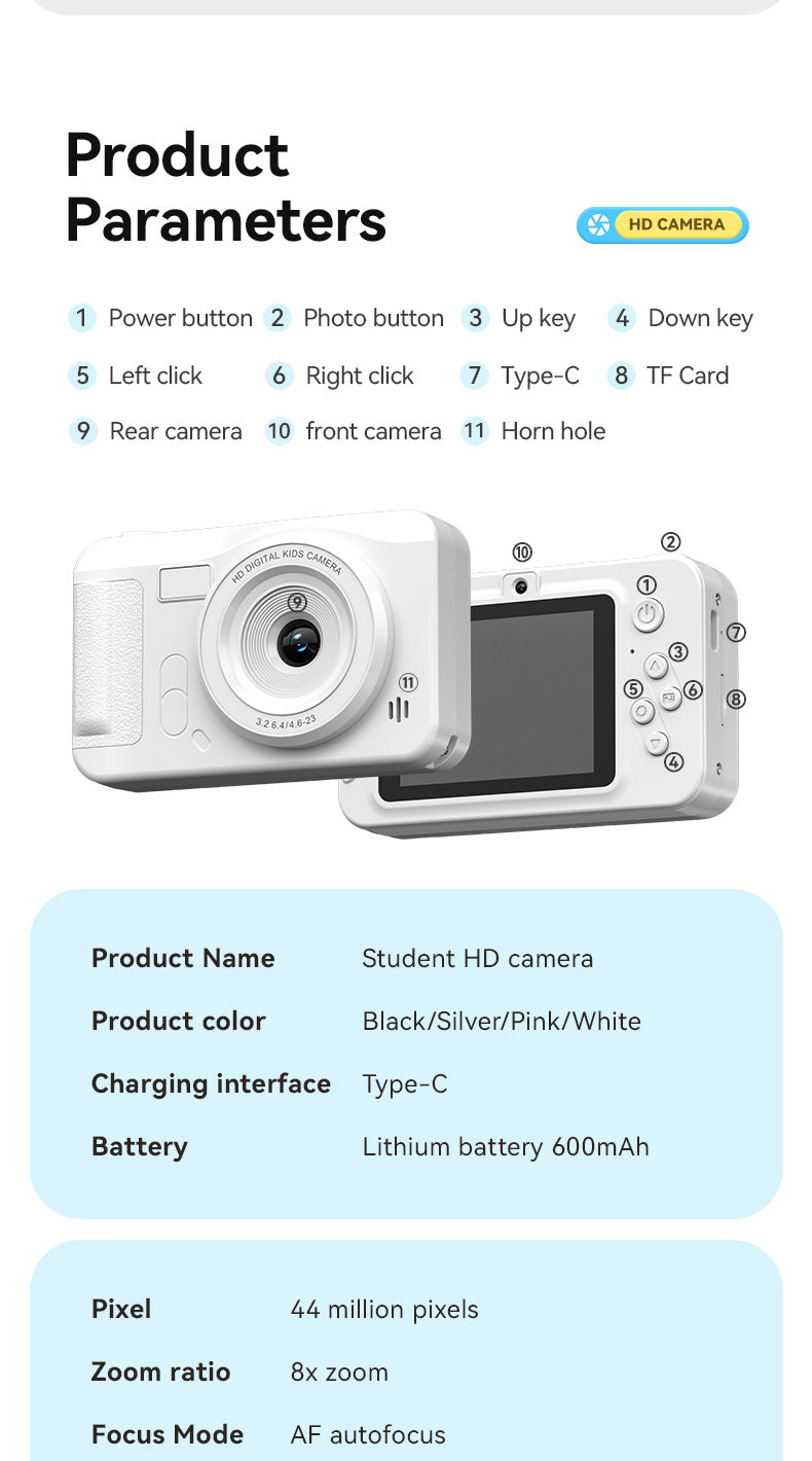 Student HD Digital Camera - 44MP, 8x Zoom, Autofocus, Dual Lens, Type-C Charging (Black)
