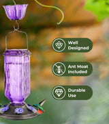 Elegant Hanging Hummingbird Feeder - Decorative Glass Nectar Bottle with Ant Moat, 6 Feeding Ports(Green) - Side View