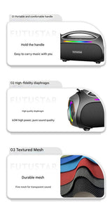 Portable Bluetooth 5.3 Speaker - 60W Powerful Sound, RGB Lights, Multiple Inputs(black) - Rear View